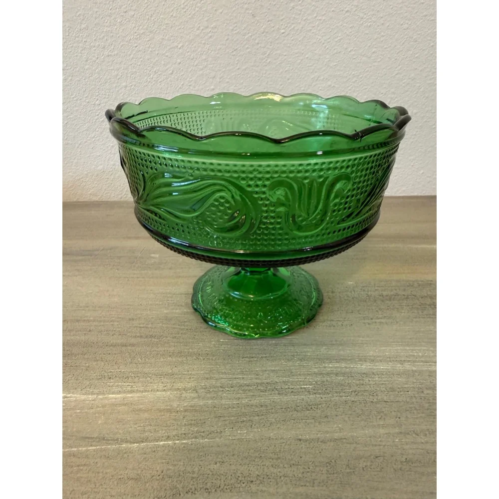 Vintage E.O. Brody Co. Emerald Green Pedestal Glass Bowl Candy Dish MCM